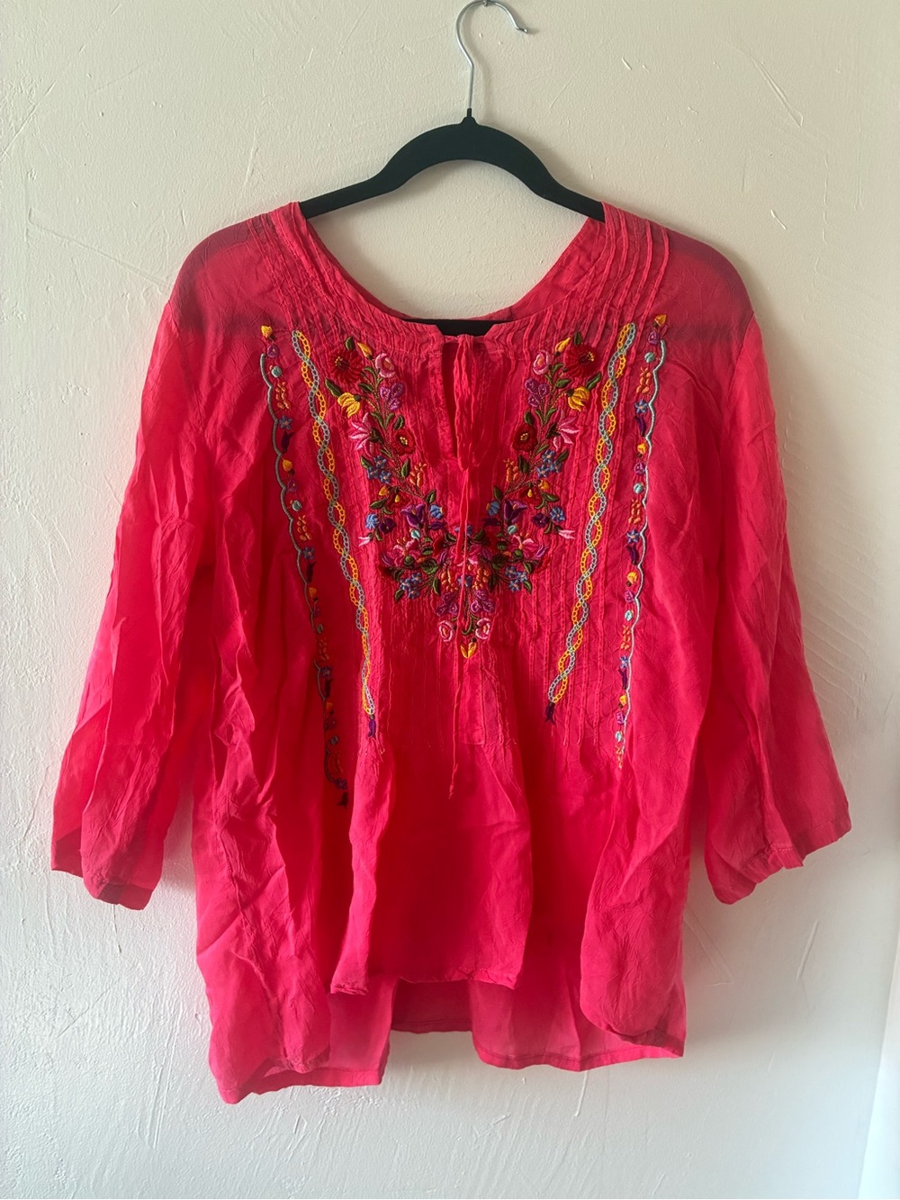 Johnny Was Embroidered Floral Hot Pink Women's Peasant Blouse 1X